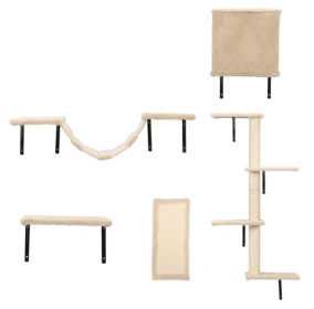 Wall Mounted Cat Climbing Frame Set, Floating Cat Frame And Perch, Cat Activity Tree With Grab Post, Modern Cat Furniture, Beige (Color: Beige)